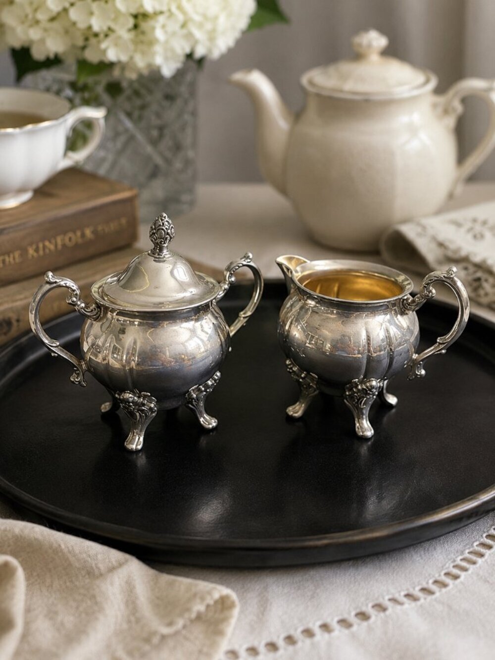 VTG Sheridan Silverplate Creamer & Sugar Set w/ Lid Silver-Plated Copper 1940's